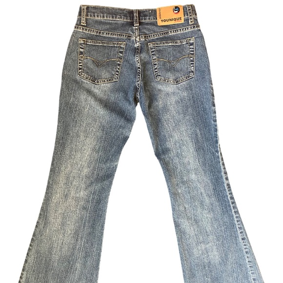 Younique Jeans Juniors 1 Blue Low Rise Flare Leg Butterfly Stretch Y2K - Picture 2 of 14
